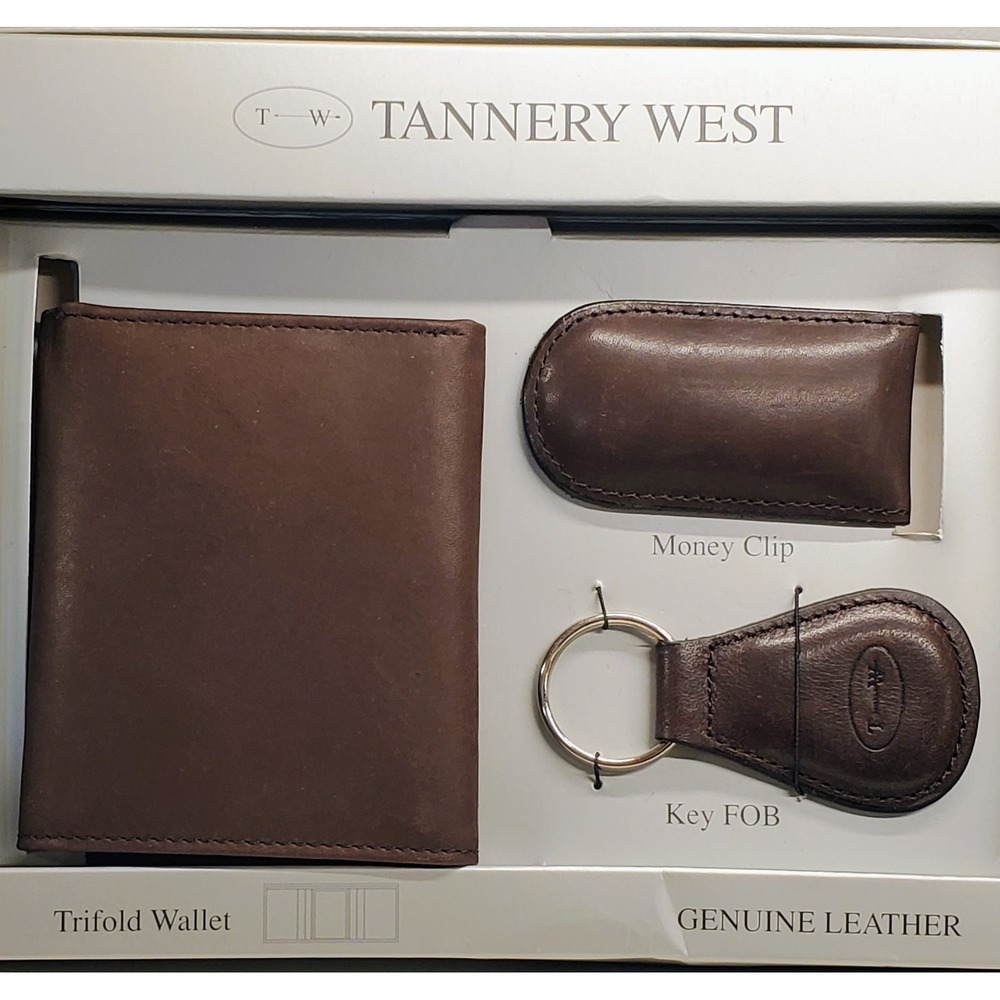 VTG New Genuine Leather Tannery West Men's Tri-Fold Wallet Money Clip Key Chain